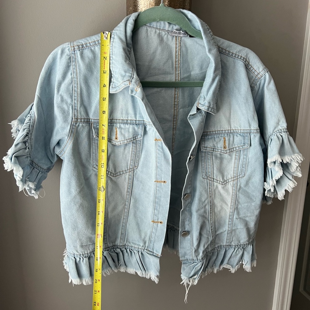 Classic Blue Jean Jacket with Distressed Details - Short Sleeves! - Picture 5 of 6